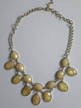 Faux Opal Statement Bib Necklace Gold Tone Iridescent Cream Resin